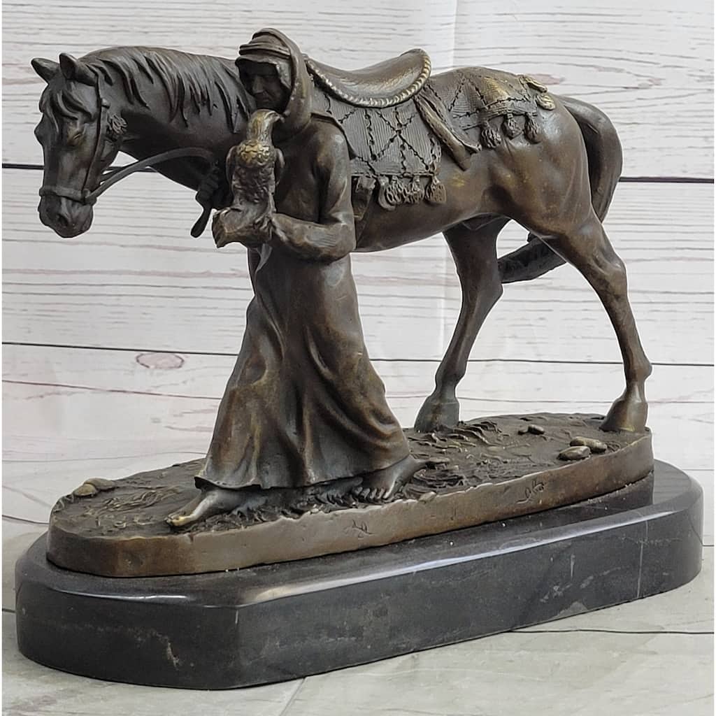 Original Aldo Vitaleh Arab Man Holding Falcon Walking His Horse Bronze Sculpture