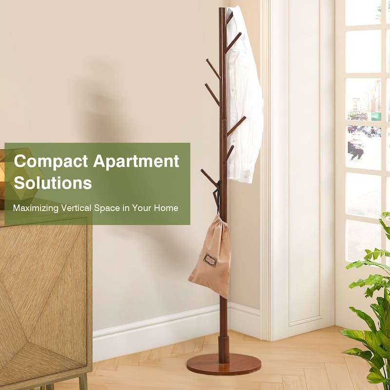 VECELO Brown Height Adjustable Bamboo Tree Coat Rack with 8 Hooks Round Base Freestanding Clothing Rack for Small Spaces