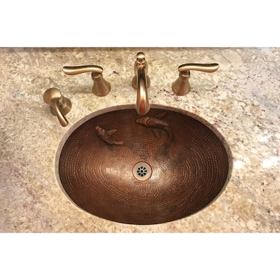 19-in Oval Under Counter Hammered Copper Bathroom Sink with Koi Fish Design (LO19FKOIDB)