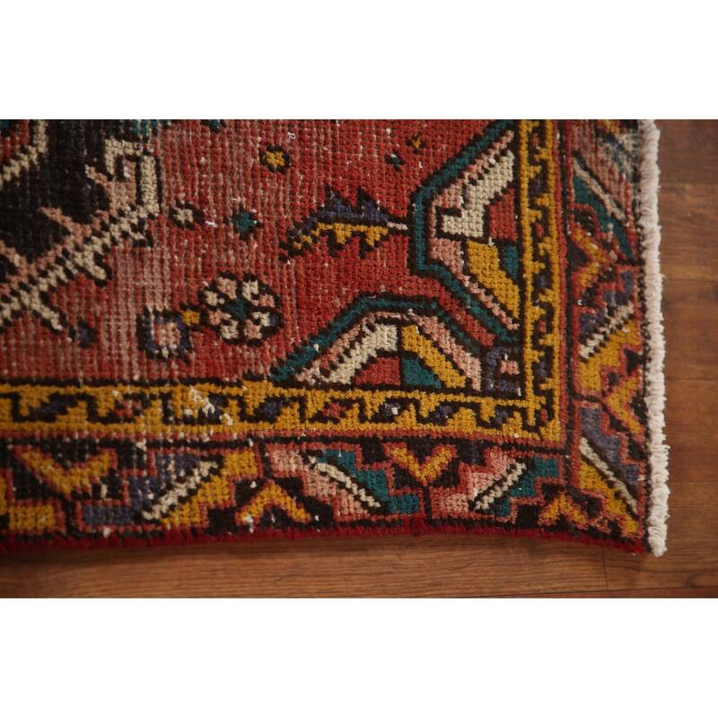 Vegetable Dye Hamedan Persian Vintage Runner Rug Geometric Wool Carpet - 2'11"x 10'1"