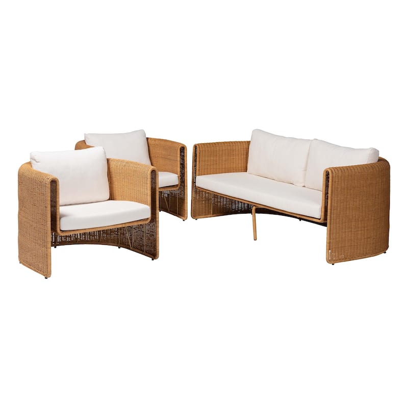 Carina Natural Rattan 3-Piece Living Room Set - Lounge Sofa and Armchairs with Handwoven U-Shaped Design for Modern Boho Spaces - Light Honey