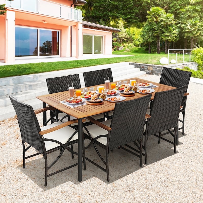 Costway 5PCS Patio Wicker Dining Set Cushion Armchairs Acacia Wood - See Details