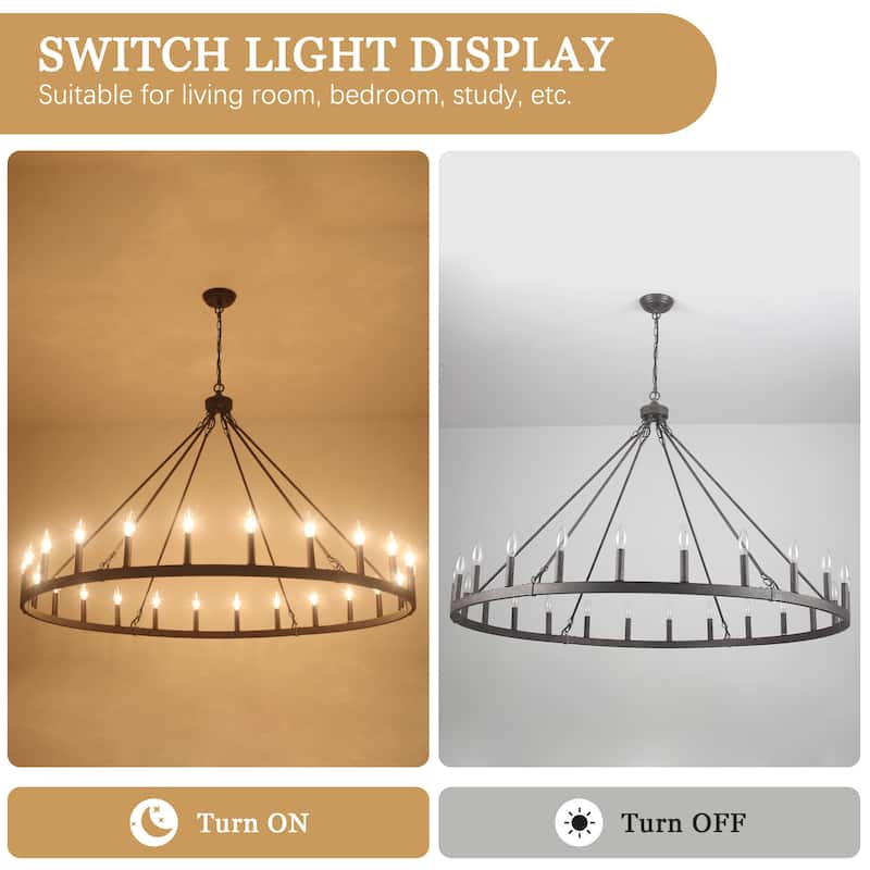 24 - Light 52in. Lagre Dimmable Wagon Wheel Chandelier Farmhouse Round Vintage Candle Style Light - N/A