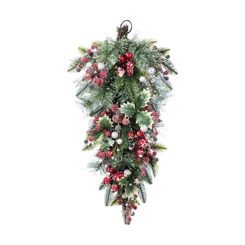 Glitzhome Christmas Berry Bow Pinecone Bell Holy Leaf Teardrop Swag Xmas Wreath - Single-E