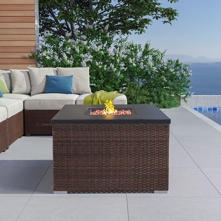 COSIEST Outdoor Propane Square Espresso Brown Wicker Fire Pit,Tank Outside