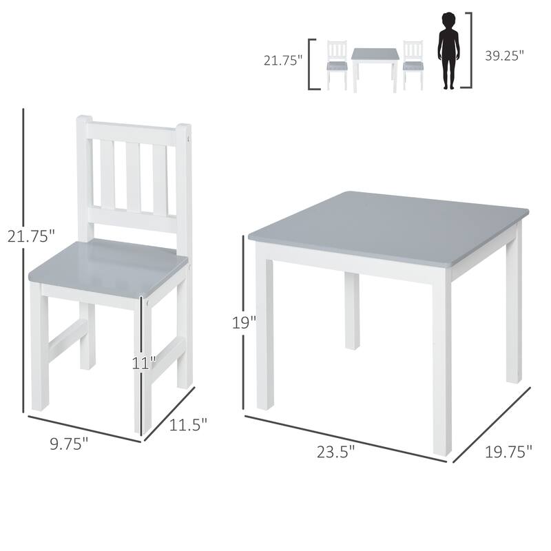 3 Piece Kids Table and Chair Set Pine Wood MDF Durable Playroom Furniture for Children Ages 3 and Up - 23.5" x 19.75" x 19"