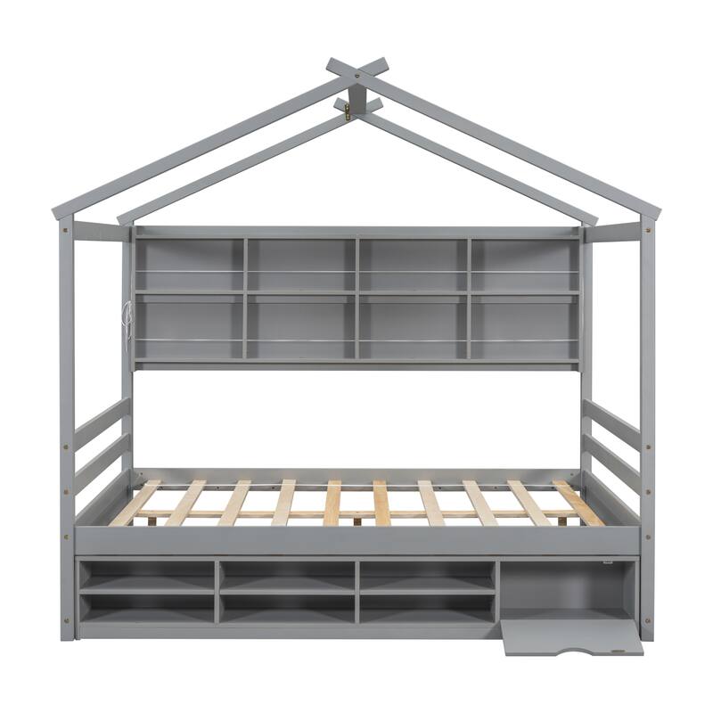 Full House Bed with Roof Frame, Bedside-shelves, Under Bed Storage Unit