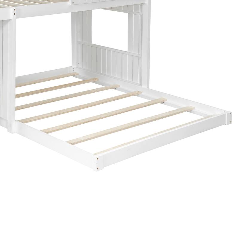 Play House Loft Bed with Floor Bed, Wooden Twin Over Full Bunk Bed with Roof, Windows, Ladder and Safety Guardrails