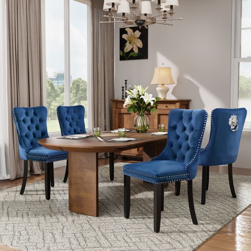 High-end Tufted Velvet Upholstered Nailhead Dining Chair Set of 4 - Navy