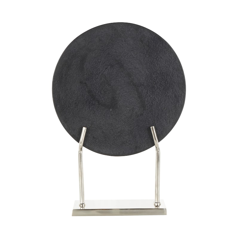 Black Marble Textured Disk Abstract Sculpture with Silver or Gold Stand