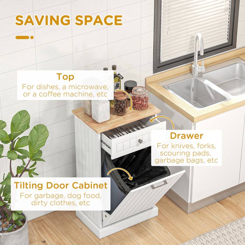 Kitchen Tilt Out Trash Bin Cabinet Free Standing Recycling Cabinet Trash Can Holder With Drawer, White