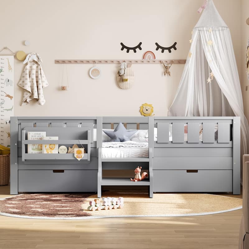 Full/Twin Loft Bed with Storage Drawers, Safety Staircase & Rails