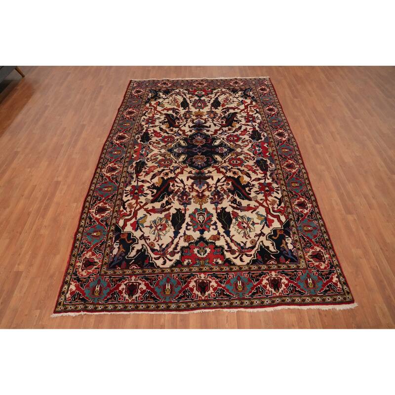 Hand Knotted Oriental 100% Wool Carpet Traditional Floral Beige & Ivories Tabriz Area Rug - 11' 2'' X 7' 4''