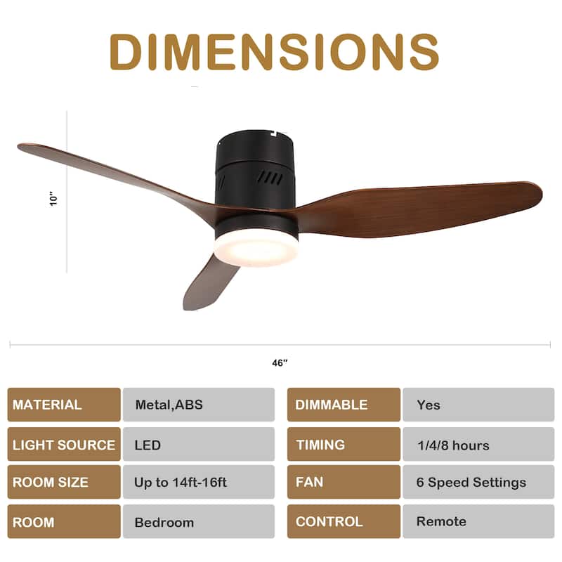 Bella Depot 46" Flush Mount Ceiling Fan with LED Light and Remote 6-Speed Reversible Fan