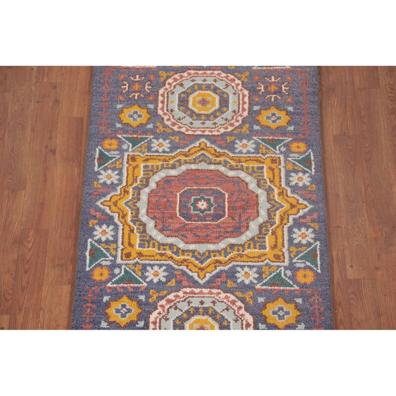 Geometric Blue Kazak Runner Rug Hand-Knotted Wool Carpet - 2'7"x 7'11"