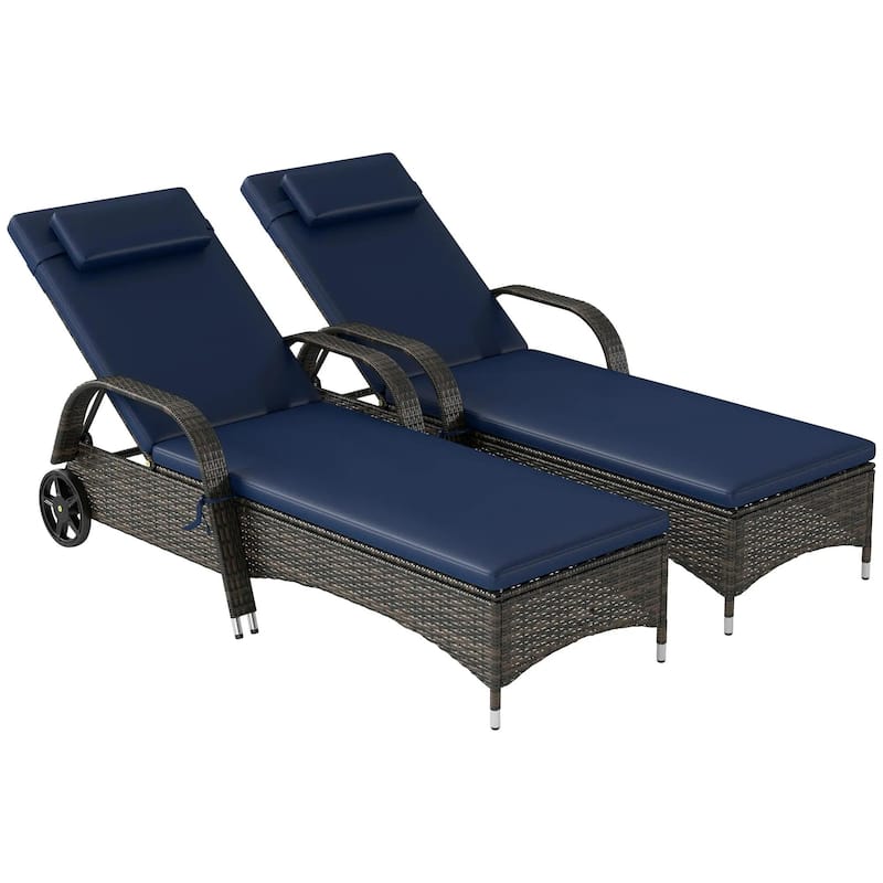 Reclining Chaise Lounge Set of 2, Outdoor Chairs,Cushion,Pillow,Wheels