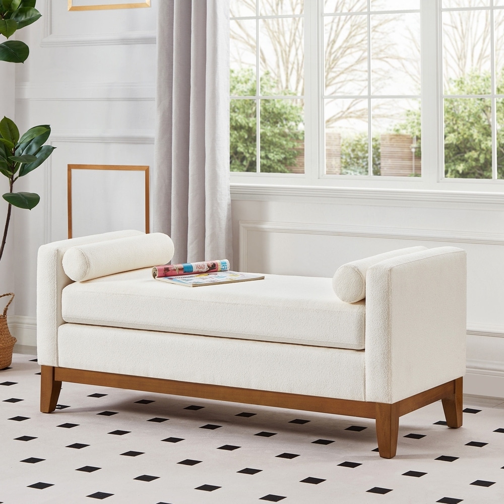 Large Upholstered Boucle Fabric Ottoman with Pillows