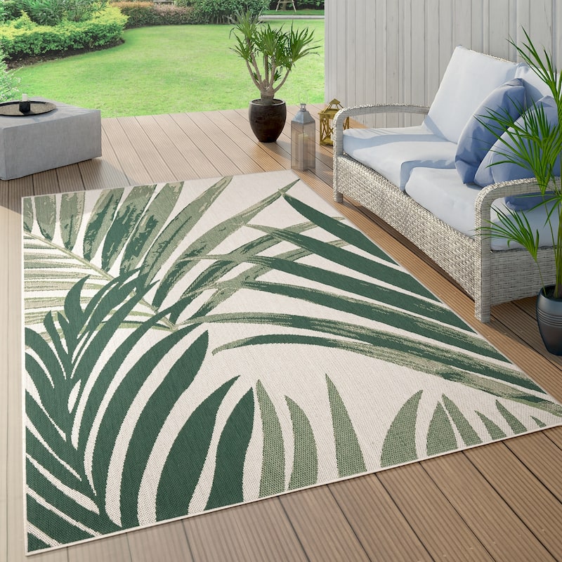 Tropical Outdoor Rug Palm Tree & Jungle Design Flatweave - 2' x 3'3" - green