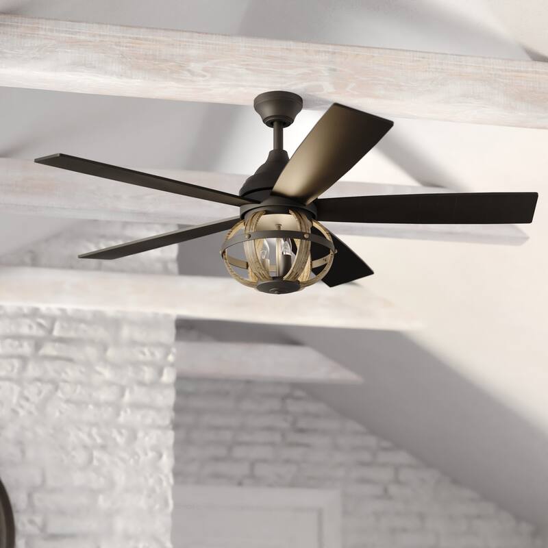 Huron Black and Burnished Teak Farmhouse Indoor Ceiling Fan with LED Cage Light Kit and Remote - 52-in W x 21-in H x 52-in D - Black and Burnished Teak - 52-in W x 21-in H x 52-in D