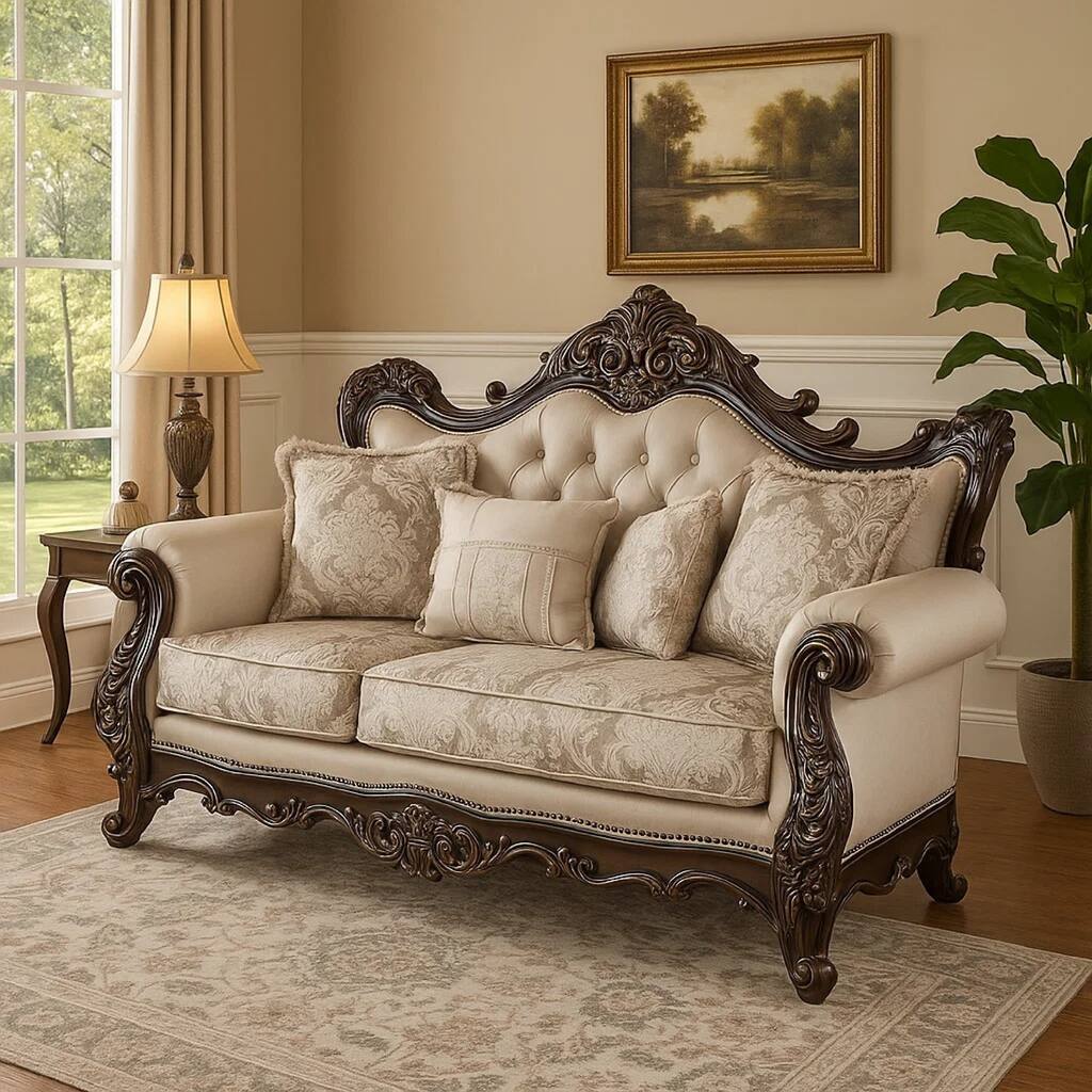 Puhi Loveseat w Accent Pillows, Beige Fabric, Ornate Carved Wood, 70 Inch