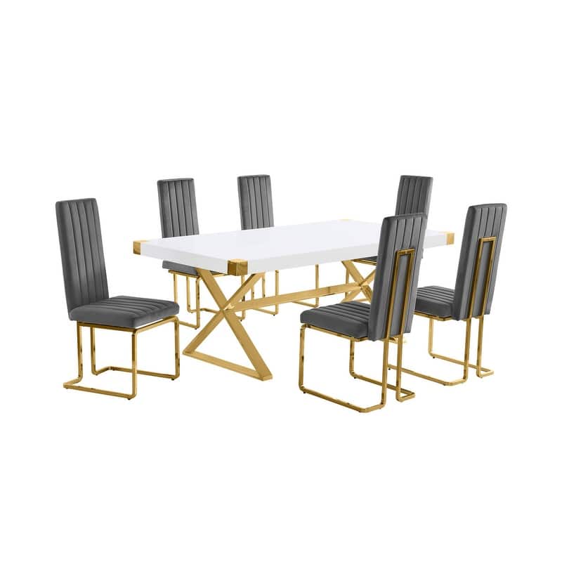 Best Quality Furniture D440/1-SC340-7 Dining Set with 78" White Lacquer Wood Top