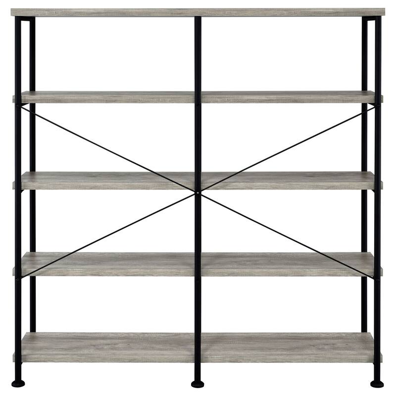 4-Shelf Open Bookcase Grey Driftwood Transitional Storage Organizer with Modern Industrial Design Accents