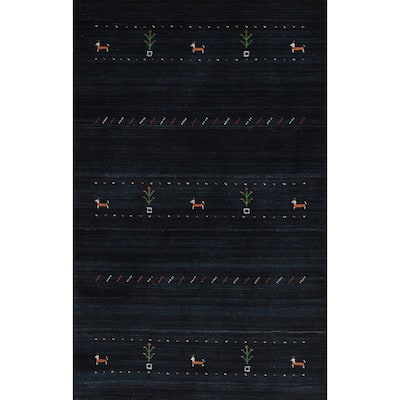 Dark Navy Blue Tribal Gabbeh Oriental Rug Hand-Knotted Wool Carpet - 3'0" x 5'0"