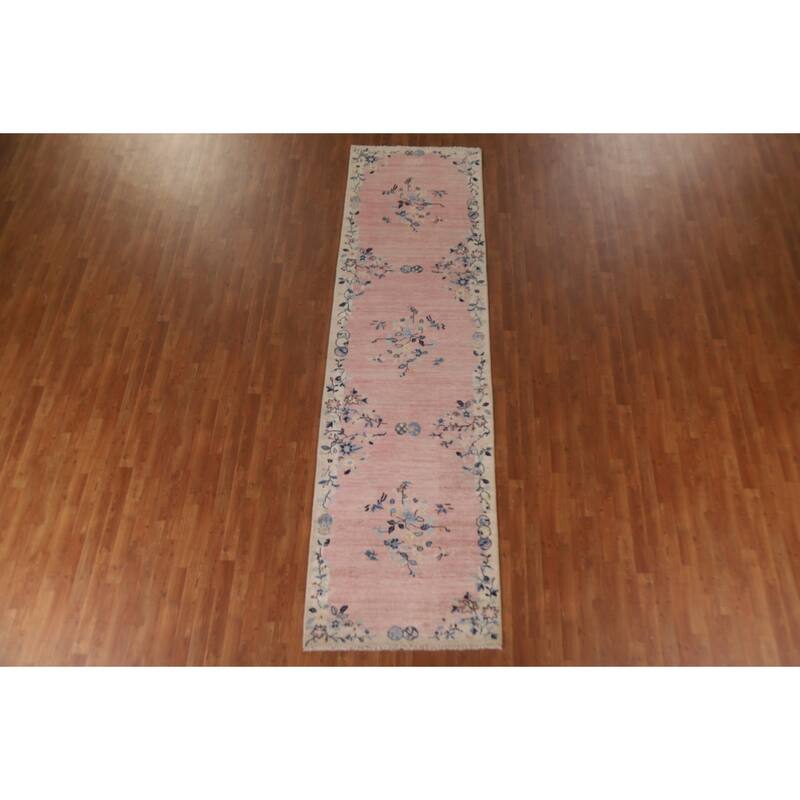 Pink Floral Oushak Vegetable Dye Runner Rug Hand-knotted Wool Carpet - 3'5"x 11'7"