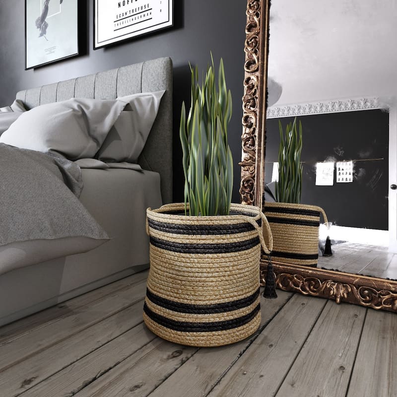 Sevita Double Striped Jute Hand-Stitched Storage Basket with Handles