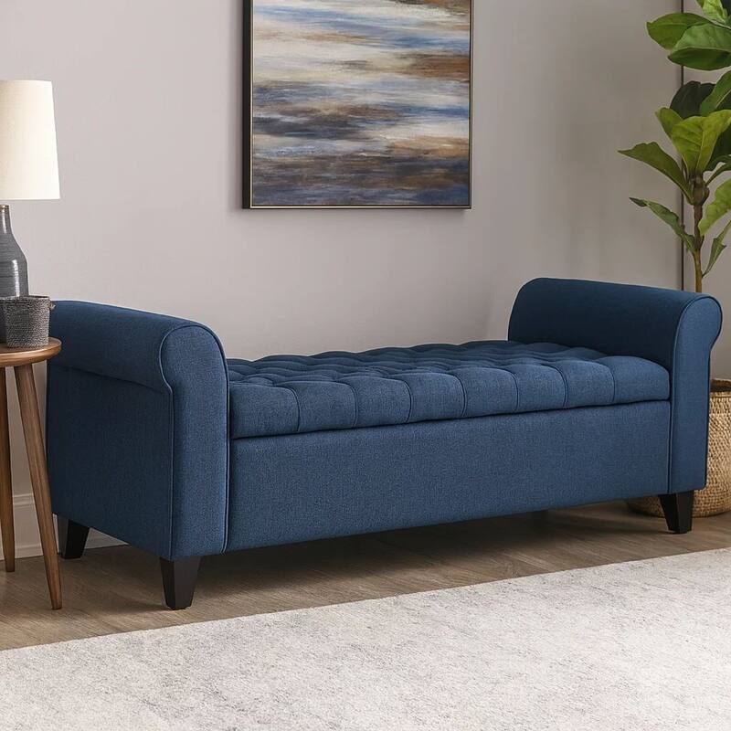 Shawn Storage Bench with Rolled Arms, 50 Inch Button Tufted, Dark Blue