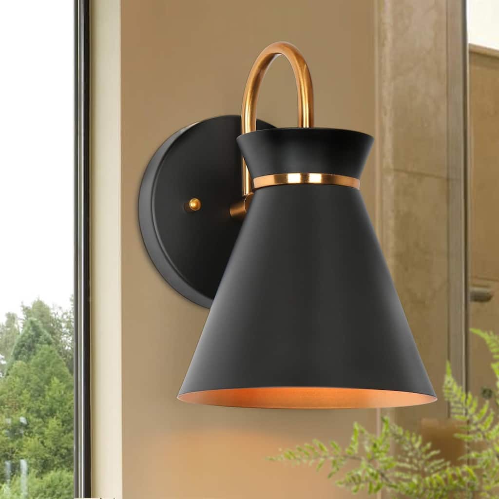 Modern Industrial 1-Light Black Gold Wall Sconce Lighting with Metal Shade - 6" L x 7" W x 8.5" H