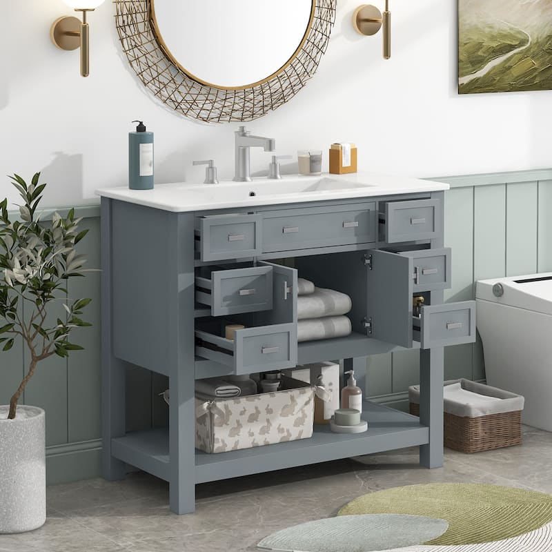 36''Bathroom Vanity With Top Sink,Storage Cabinet With 2 Soft Closing Doors And 6 Drawers,Single Sink Bathroom Vanity - Grey