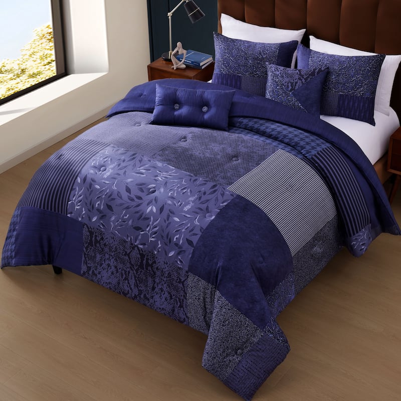 Bebejan Blue Denim Patchwork 100% Cotton Sateen 5 Piece Reversible Comforter Set