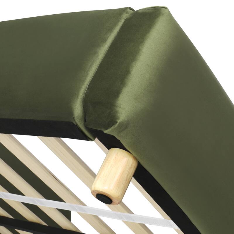 King Velvet Upholstered Platform Bed, Curved Headboard, Sophisticated Olive Green