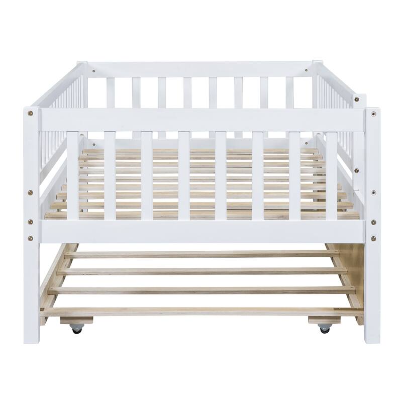 White Twin Wood Daybed with Trundle and Safety Guardrails