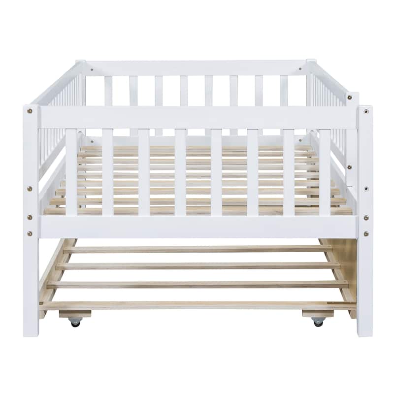 Wooden Twin/Full Daybed with Trundle and Fence Guardrails, No Box Spring Needed