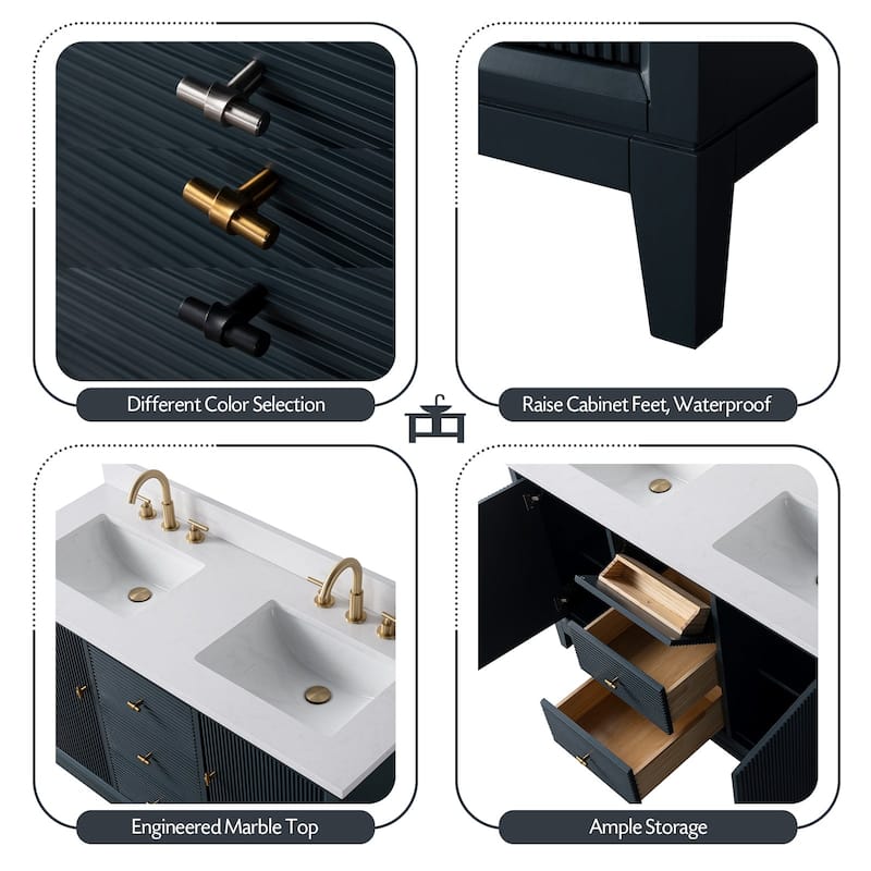 Vanity Art 54" Freestanding Bathroom Vanity with Engineered Marble Top and Sinks