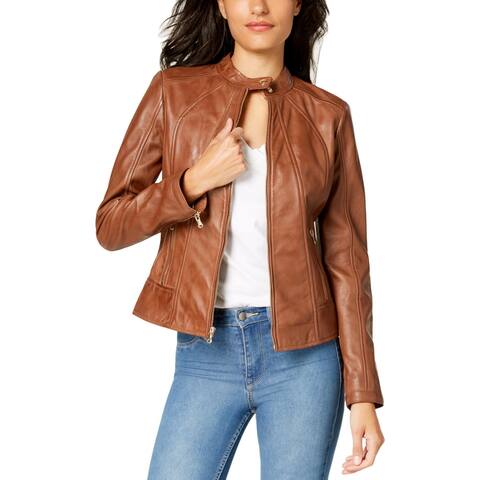 Guess Womens Moto Coat Leather Band Collar - Cognac