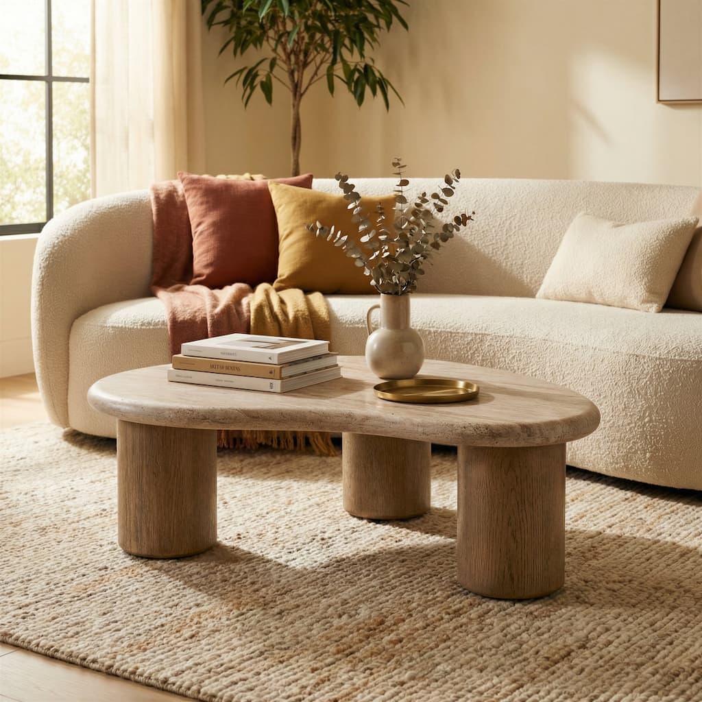 Studio London Coffee Table with Travertine Effect Concrete Top and Faux Wood Leg