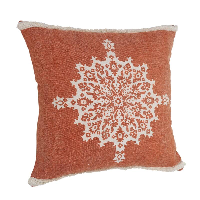 Handwoven Floral Medallion Cotton Throw Pillow Cover - 20" - Orange and White