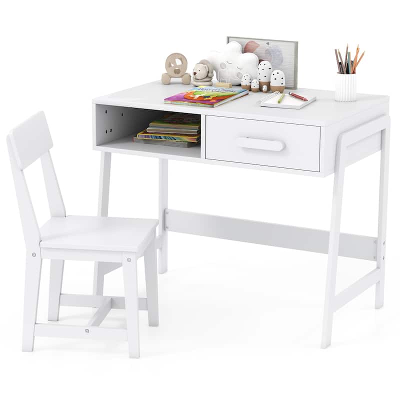 Kids Study Table and Chair Set with Storage Drawer and Hutch and Pine Wood Frame for 3 Over Years Old - 33.5" x 19" x 27.5"