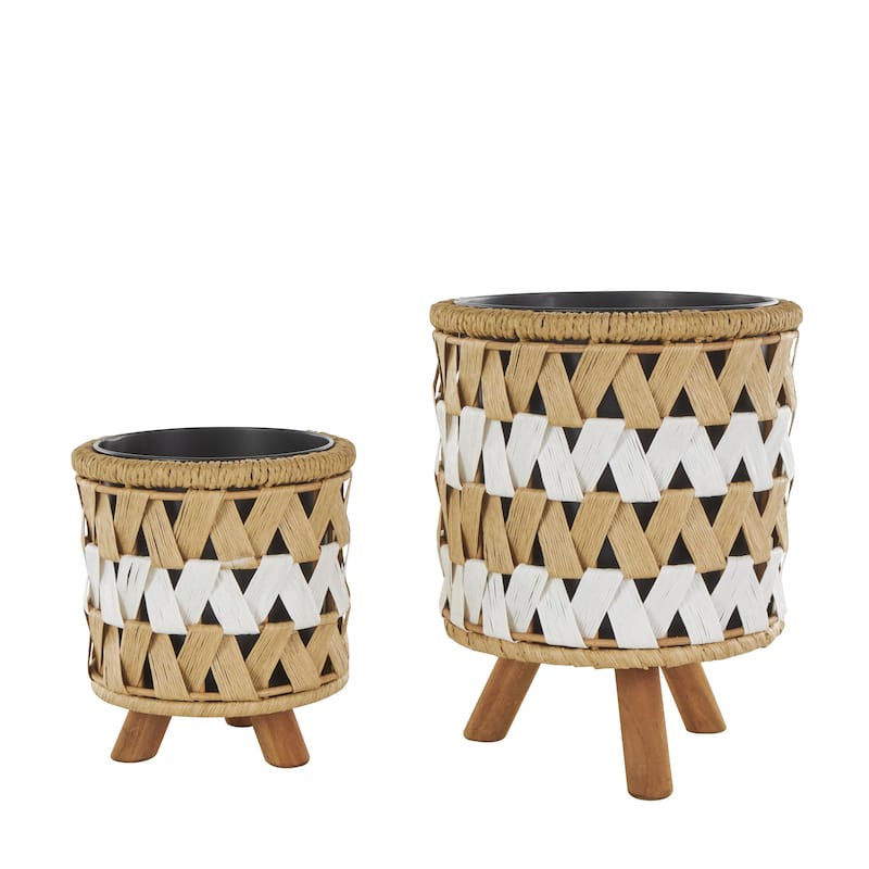 Jute Rope Geometric Handmade Woven Chevron Indoor Planter with Black Metal Pots - Set of 2 Brown - Roche River Decor