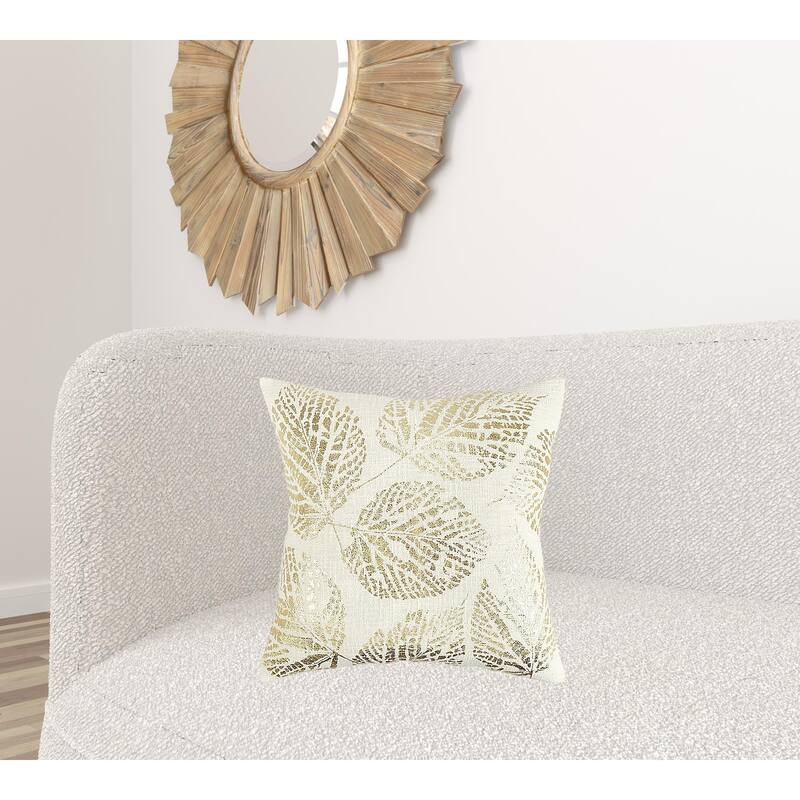 Ivory Gold Metallic Foil Leaf Pattern Throw Pillow