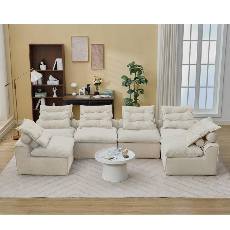 U Shaped Modular Couch for Living Room, 132" Corduroy Upholstered Sofa, Modern Neck Pillow-Back Lounge Couches