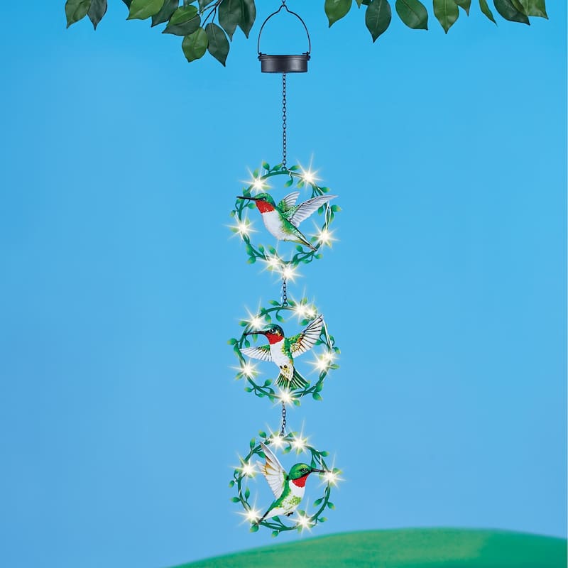 Solar Powered Hummingbird Wreaths Garden Mobile - 7.25 x 38.5 x 3.25 - Green - 7.25 x 38.5 x 3.25 - Metal