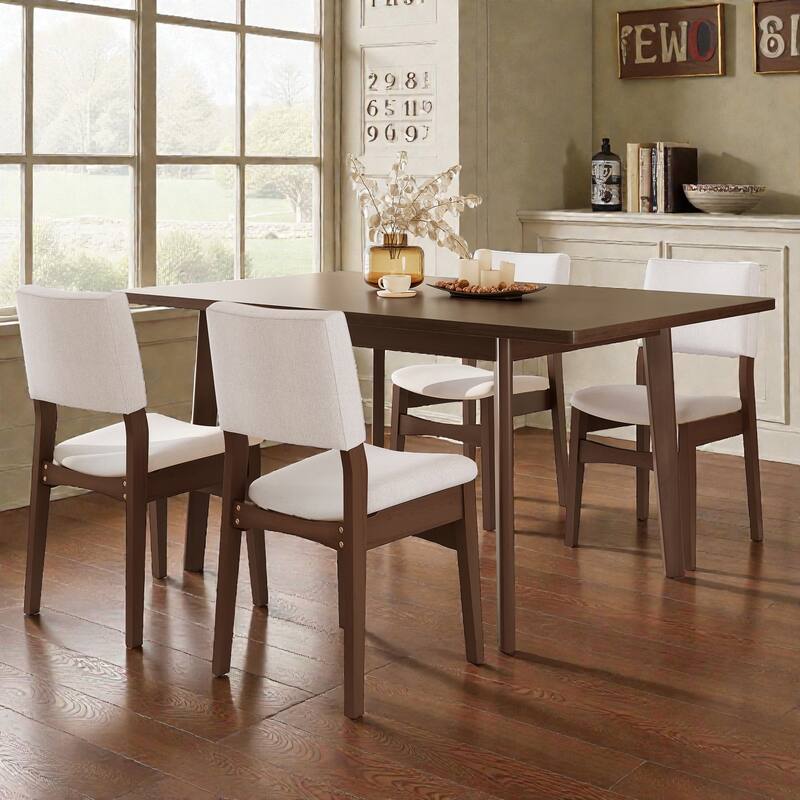 5-Piece Modern Dining Set with Solid Wood Table and Upholstered Linen Chairs, Space-Saving Stackable Design - Walnut