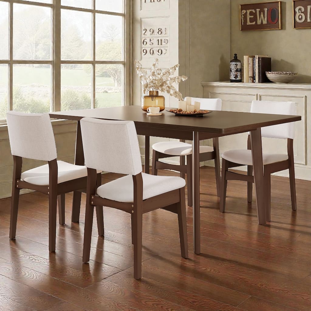 5-Piece Modern Dining Set with Solid Wood Table and Upholstered Linen Chairs, Space-Saving Stackable Design