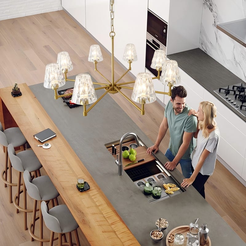 Adjustable Brass Chandelier Modern Mid-Century Pendant Light with Glass Shades for Dining Room Kitchen Island