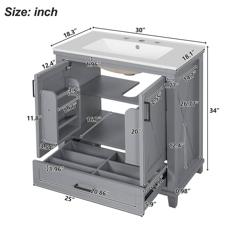 30" Bathroom Vanity with Single Ceramic Sink, 2 Soft-Close Doors, 1 Divided Drawer