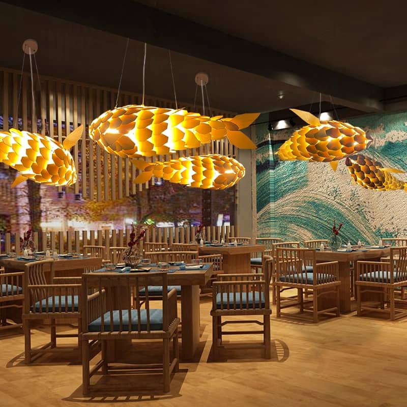 Large Fish Shape Ceiling Lamp Creative Solid Wood Carp Restaurant Home - 23.6"x19"x9.8"